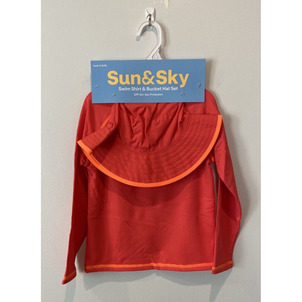 Sun & Sky Coral & Orange UPF  Long Sleeve Swim Shirt & Bucket Hat. Kids ￼Small